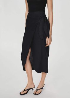 Bow linen skirt -  Women | Mango USA Black Wrap Skirt, Linen Wrap Skirt, Sarong Skirt, Going Out Trousers, Linen Loungewear, Mango Outlet, Modest Clothing, How To Iron Clothes, Linen Skirt