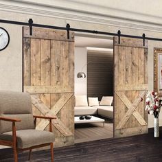 an open sliding barn door in a living room