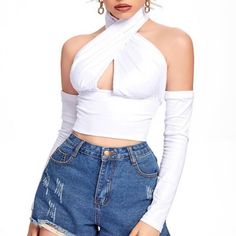 Brand New Sexy White Crop Top With Detachable Sleeves Chic Bandage Tops For Club, Spring Bandage Crop Top For Club, White Crop Top For Spring Clubbing, White Halter Top For Spring Club Occasions, White Halter Top For Spring Clubbing, Trendy Stretch Bandage Crop Top, White Bandage Top For Night Out, Stretch Bandage Halter Top For Spring, Spring Stretch Bandage Halter Top