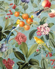 a painting of birds and flowers on a blue background with green leaves, red berries, and oranges