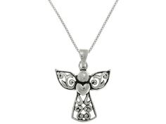 Jewelry Trends Small Filigree Angel Heart Sterling Silver Pendant Necklace 18" - Crafted of highly polished .925 Sterling Silver, this necklace showcases excellent craftsmanship and detail. This angel shaped pendant is accented with beautiful filigree designs and a heart. Pendant is strung on an 18 inch sterling silver box chain that secures with a spring ring clasp. This CGC Sterling Silver Small Filigree Angel with Heart Pendant on 18 Inch Box Chain Necklace makes the perfect gift for the ange Symbolic Sterling Silver Necklaces For Valentine's Day, Sterling Silver Hallmarked Open Heart Necklace, Silver Symbolic Necklace For Valentine's Day, Sterling Silver Pendant Necklace With Hallmark, Valentine's Day Sterling Silver Filigree Necklace, Sterling Silver Open Heart Hallmark Necklace, Angel Heart, Box Chain Necklace, Filigree Design