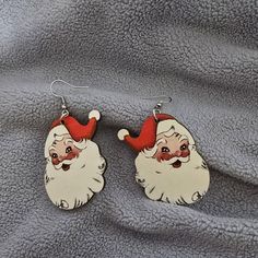 Pair Of New Never Worn Vintage Style Santa Earrings. Printed Wood On Both Sides. Fish Hook Type. Santa Earrings, Brand Jewelry, Earrings Color, Fish Hook, No Brand, Both Sides, Jewelry Branding, Wood Print, Vintage Style