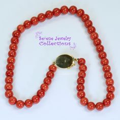 Simple and elegant Sardinia coral bead necklace with an 18k yellow gold clasp! Total Weight: 45.86 grams Necklace Length: 17 inch 18k gold clasp: 18.8mm x 13.7mm Precious Metal: 18k gold Precious stones: -Coral Round Beads: 8.1mm to 9mm diameter -Coral Faceted Oval: 12..3mm x 8.5mm Formal Coral Single Strand Beaded Necklace, Luxury Single Strand Round Beaded Necklace, Formal Single Strand Red Coral Necklace, Elegant Red Coral Gemstone Necklace, Round Red Coral Single Strand Necklace, Round Single Strand Red Coral Necklace, Red Coral Single Strand Round Necklace, Elegant Red Coral Round Bead Necklace, Elegant Red Coral Round Bead Necklaces