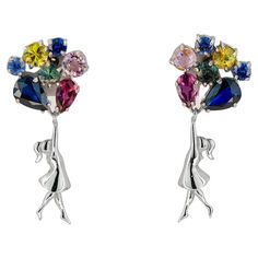 Banksy inspired Girl on balloons earrings with multicolor natural gemstones. Contemporary design earrings. 14k solid gold Weight: 3.20 g. Size: 25 х 7 mm. Gemstones: Blue sapphires: 2 pieces, 5 x 4 mm each - 1.20 ct total weight, blue violet color, pear cut, transparent. Natural garnets: 2 pieces, 5 x 3 each - 1.40 ct total weight, purplish red color, pear cut, transparent. Yellow sapphires: 2 pieces, weight - 0.20 ct total, 3 mm each stone, transparent, round cut. Pink sapphires: 2 pieces, weig Balloon Earrings, Bleu Violet, Green Sapphire, Color Rojo, Sapphire Earrings, Yellow Sapphire, Natural Sapphire, Pear Cut, Banksy