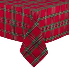 a red table cloth with a green and white plaid design