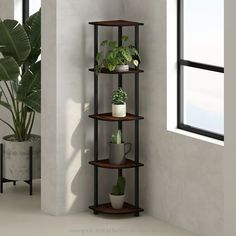 a corner shelf with potted plants on it next to a window in an empty room