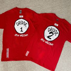 Fun Play On The Dr. Suess Classic, This Tee Shirt Bundle Is Perfect For Costume Or Theme Parties! Brand New, Never Worn. Unisex Sizing - See Photos For Measurements Drunk One = Size Medium Drunk Two = Size Small Heavy Weight Cotton Funny Red Crew Neck Top, Funny Red Pre-shrunk Tops, Red Crew Neck Top With Funny Print, Red Pre-shrunk Tops, Red Custom Print Relaxed Fit Top, Red Tops With Custom Print And Relaxed Fit, Red Relaxed Fit Top With Custom Print, Dr Suess, Theme Parties