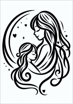 a black and white drawing of a woman holding a baby in her arms with the moon behind it