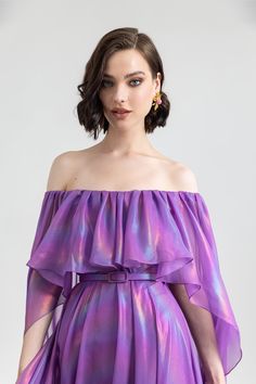 Description Purple A-line, Long dress Cape shape, Short Sleeves Off shoulder Chiffon Dry Clean Evening Dress Made in Lebanon EDR23 1809LD Dress Cape, Pleated Bodice, Cape Dress, Purple Dress, Lebanon, Chiffon Dress, Evening Dress, Dress Making, Long Dress