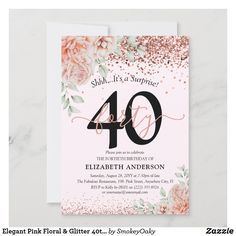 a pink and gold floral birthday party card with the number forty on it's front