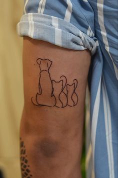 Pet Tattoo Idea , Dog and 2 cats Two Cats One Dog Tattoo, Dog And Two Cats Tattoo, Multiple Pets Tattoo, 2 Cats And A Dog Tattoo, 2 Cats 1 Dog Tattoo, Late Dog Tattoos, Cat And Dog Tattoo Ideas, Moon And Dog Tattoo