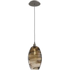 a glass and metal pendant light hanging from a ceiling fixture with an oval shaped shade