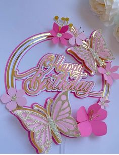 pink and gold butterfly birthday cake topper