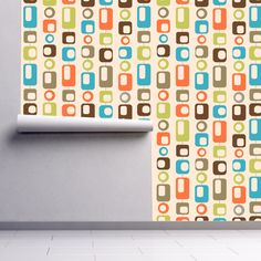 an abstract wallpaper design with squares and rectangles in brown, blue, green, orange and white