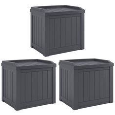 three grey plastic storage boxes on white background