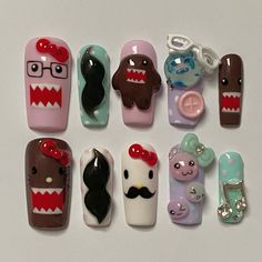 kitty claws nailz ♡🐾 open ! (@kittyclaws.nailz) • Instagram photos and videos Toro Inoue Nails, Character Nail Designs, Domo Hello Kitty, Mustache Nails, Kitty Nails, Fake Nails Designs, Punk Nails, Anime Nails, Goth Nails