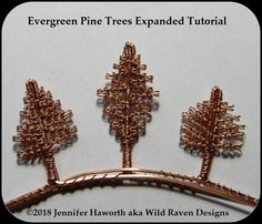 three trees are shown in the shape of brooches on a white background with text that reads evergreen pine tress expanded tutor