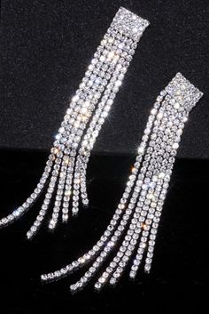 Rhinestone Crystal Long Tassel Earrings, perfect for any special occasion, weddings, events, bridal, etc.. Length: 4" Tassel Earrings Diamond, Bling Earrings Sparkle, Long Sparkly Earrings, Diamond Tassel Earrings, Long Rhinestone Earrings, Long White Earrings, Rhinestone Earrings Long, Long Dangly Earrings, Elegant Silver Tassel Earrings For Evening