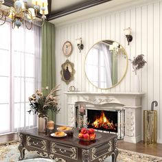 a living room filled with furniture and a fire place in front of a mirror on the wall