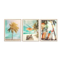 three pictures of palm trees and surfboards on the beach