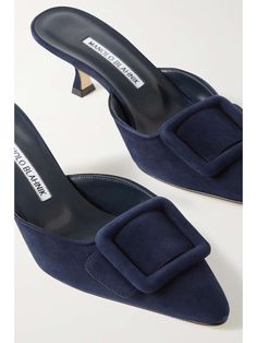 Navy Maysale 50 buckled suede mules | MANOLO BLAHNIK | NET-A-PORTER Milano Blahnik Shoes, Wedding Guest Bag, Manolo Blahnik Maysale, 2024 Shoes, Manolo Blahnik Blue, Designer Things, Designer Mules, Navy Girl, Manolo Blahnik Heels