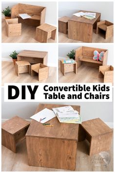 collage of convertible DIY table and chair set in various combinations with text overlay Diy Table On Wall, Montessori Chair And Table, Wood Kids Table And Chairs, Diy Montessori Table And Chair, Diy Montessori Table, Toddler Table And Chairs Diy, Kids Bench Diy, Diy Playroom Furniture, Diy Kids Craft Table