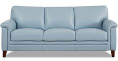 a light blue leather couch with wooden legs and arms, viewed from the front view