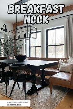 Breakfast Nook Corner Breakfast Nook Ideas, Modern Kitchen Nook, Kitchen Nook Ideas, Corner Breakfast Nook, Modern Home Tour, Organic Modern Home, Modern Breakfast Nook, Breakfast Nook Ideas, Black Accent Walls