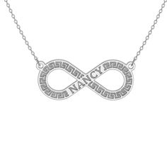 Add a personal touch to this infinity necklace, featuring your engraved name accented by the timeless Greek key design. Available in solid gold or sterling silver, this necklace is a beautiful expression of eternal connection and personal identity.