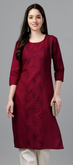 Red and Maroon color Kurti in Cotton fabric with Embroidered, Resham, Thread work Red Embroidered Fabric For Formal Festive Occasions, Red Cotton Kurta With Dori Work, Color Kurti, Casual Kurti, Resham Work, Thread Work, Maroon Color, Cotton Fabric, Thread