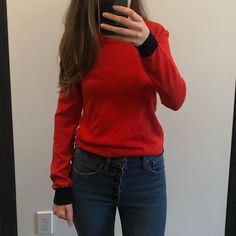 Red Banana Republic Sweater With Navy Accents. Button Detailing. 100% Merino Wool. Trendy Red Sweater With Buttons, Red Long Sleeve Sweater For Work, Casual Red Sweater With Buttons, Red Buttoned Sweater For Work, Trendy Fitted Red Sweater, Red Fitted Trendy Sweater, Red Trendy Stretch Sweater, Trendy Red Stretch Sweater, Red Stretch Trendy Sweater