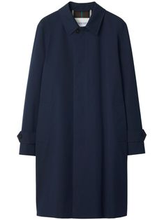 midnight blue cotton gabardine weave water-resistant classic collar long sleeves with buttoned cuffs two front welt pockets rear slit straight hem Vintage Check-pattern lining concealed front button fastening Knight Design, Shoe Technology, Car Coat, Summer Beach Wear, Beachwear For Women, Blazers For Men, Mens Outerwear, Outerwear Coats, Light Jacket