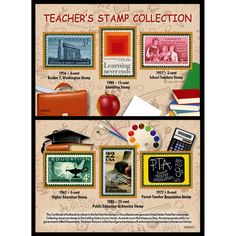 the teacher's stamp collection is on display in this poster, which features stamps and school