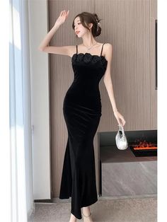 Kylethomasw Autumn Winter Black Velvet Chic Appliques Sling Long Dress Women Luxury Elegant Dress 2024 Korean Vintag Dance Party Night Dress NOTE: 1.Please strictly follow the size chart to select the size.Do not select directly according to your habits. 2.The size may have 2-3cm differs due to manual measurement.Please note when you measure. 3.Still not sure about size?We'd love to advise based on your measurements of bust,waist and hip. 4.Suggestion of cold water hand washing, It can help item Party Night Dress, Dress 2024, Korean Dress, Floral Print Blouses, Women Long Dresses, Dance Party, Evening Attire, Party Night, Glamorous Evening Gowns