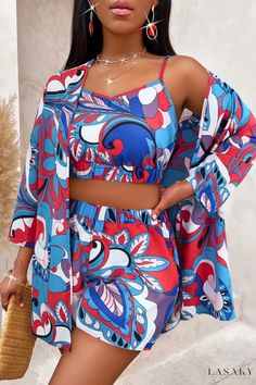 Lasaky - Classic V-Neck Long Sleeve Three-Piece Set with Casual Print Design Blue V-neck Vacation Sets, Two-piece V-neck Beach Set, Vacation V-neck Two-piece Set, Blue V-neck Sets For Vacation, V-neck Two-piece Vacation Set, Multicolor Two-piece Sets For The Beach, Multicolor Two-piece Sets For Beach, Multicolor Two-piece Beach Set, Multicolor Matching Set For Beach