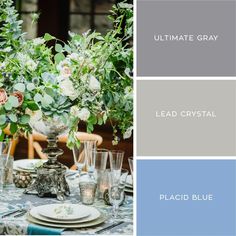 the color scheme is blue, gray and white with flowers in vases on top