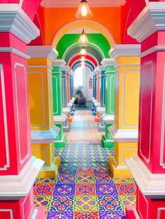 the hallway is painted bright and colorful