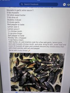 a computer screen with an image of mussels on it