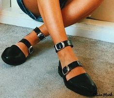 Olivia Mark - Classic Flat Sandals - Womens Style Buckle Flats, Larger Size Fashion, Work Heels, Black Chunky Heels, Block Sandals, Buckled Flats, Types Of Heels, Block Heel Shoes, Chunky Block Heels