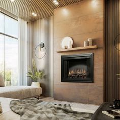 a living room with a couch and a fire place in the middle of the room