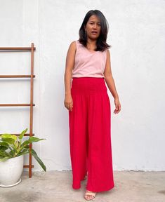 MALA handworks Veda Wide Leg Pants in Red Versatile Full Length Wide Leg Pants For Vacation, Versatile Stretch Wide Leg Pants For Vacation, Relaxed Fit Red Wide Leg Pants With Elastic Waistband, Pink Wide Leg Ankle-length Pants With Elastic Waistband, Pink Ankle-length Wide Leg Pants With Elastic Waistband, Pink Stretch Wide Leg Pants With Elastic Waistband, Red Wide Leg Pants For Beach, Red Stretch Pants For Beach, Stretch Red Beach Pants