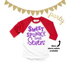 Seven & Sassy is the perfect birthday shirt for your sassy 7 year old! *Main listing photos show: Black Sleeve Raglan: Glitter Vegas Gold Pink Sleeve Raglan: Glitter Jade Red Sleeve Raglan: Glitter Lavender Light Blue & Mint Sleeve Raglan: Glitter Hot Pink ►Need to add a name and/or number to the back of these tees? No problem, you can purchase the additional lettering here: https://www.etsy.com/listing/262819904/add-on-additional-lettering-to-the-back?ref=shop_home_active_1 ►PRODUCT DES Seven Birthday Shirt, Birthday Girl Shirt, Raglan Shirts, 7th Birthday, Perfect Birthday, Birthday Shirt, Birthday Girl, Girl Top, Birthday Shirts