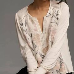 Tiny Brand From Anthropologie, New With Tags, Beautiful Shirt, Large Feminine Embroidered Beige Tops, Feminine Embroidered White Tops, Feminine Long Sleeve Embroidered Tops, Beige Feminine Tops With Floral Embroidery, Cream V-neck Top With Floral Embroidery, Cream Tops With Floral Embroidery, Casual Long Sleeve Embroidered Top For Brunch, Feminine Embroidered Cream Tops, Feminine Cream Embroidered Tops