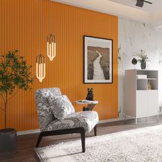 a living room with an orange accent wall