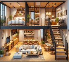 a living room filled with furniture next to a staircase leading up to a loft style bedroom