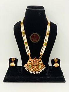 Long Pearl Haram for Bharatnatyam, Kuchipudi, Parties, Engagement, Weddings, Birthdays etc.. Traditional Wedding Sets With Peacock Design, Gold Churidar For Traditional Ceremonies And Festivals, Gold Churidar For Traditional Ceremonies, Gold Traditional Churidar For Ceremonies, Traditional Gold Churidar For Ceremonies, Navratri Puja Saree With Temple Jewelry, Kundan Meenakari Necklace For Traditional Ceremonies, Kundan Anarkali Necklace With Zari Work For Festivals, White Temple Jewelry Sets For Diwali