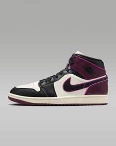 Step into your glow up. This updated AJ1 Mid pairs vibrant neon-like accents with textured leather for premium style. Of course, we kept the classic Air cushioning underfoot, giving you a fresh look with a familiar feel. Shown: Sail/Active Pink/Bordeaux/Black Style: FQ7818-101 Jordan 1 High Top, Aj1 Mid, Nike Air Jordan 1 High, Air Jordan 1 Mid Se, Nike Air Jordan 1, Air Jordan 1 High, Jordan 1 High, Air Jordan 1 Mid, Jordan 1 Mid