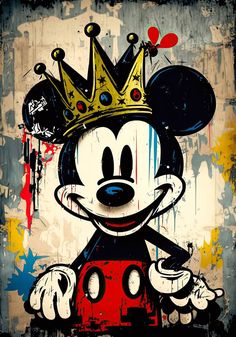 a mickey mouse with a crown on top of it's head, painted on a wall