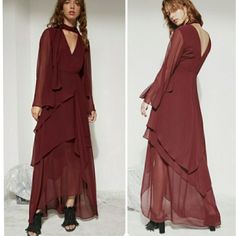 Neck Tie -Invisible Zipper At Centre Back -V Neck At Front And Back -Partially Lined -Floor Length Asymmetrical Tiered Hemline. 0329 Purple Chic Fitted Long Chiffon Dress, Fitted Long Sleeve Chiffon Dress For Casual Wear, Fitted Maxi Length Chiffon Dress For Casual Wear, Fall Cocktail Maxi Dress With V-neck, Fall Cocktail Floor-length Maxi Dress, Long Sleeve Chiffon Dress For Fall Party, Elegant Long Sleeve Chiffon Dress For Dress Down Occasion, Elegant Long Sleeve Chiffon Dress For Casual Occasions, Elegant Long Sleeve Chiffon Dress For Casual Events