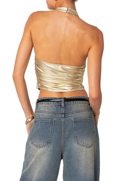 Elevate your night-out vibe in this cropped halter-neck top designed in shimmering metallic. Mock neck Sleeveless, with cutaway shoulders 95% polyester, 5% spandex Machine wash, dry flat Imported Gold Halter Top, Halter Neck Crop Top, High Neck Halter, Womens Halter Tops, Swimwear Dress, Halter Neck Top, Halter Tops, Metallic Fabric, Gold Top